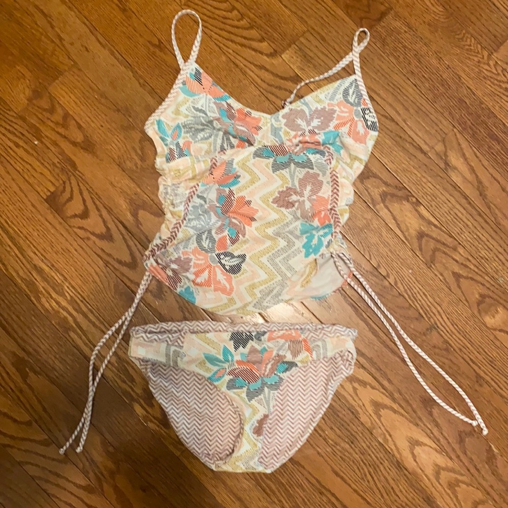 Prana Floral Crochet Bikini Set in Cream, Coral, Teal, Gray